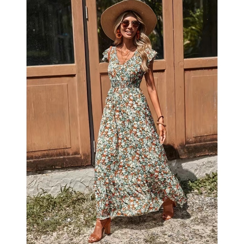 Women’s Ditsy Floral Ruffle Trim V Neck Smocked Waist Boho Maxi Dress M L XL NWT
